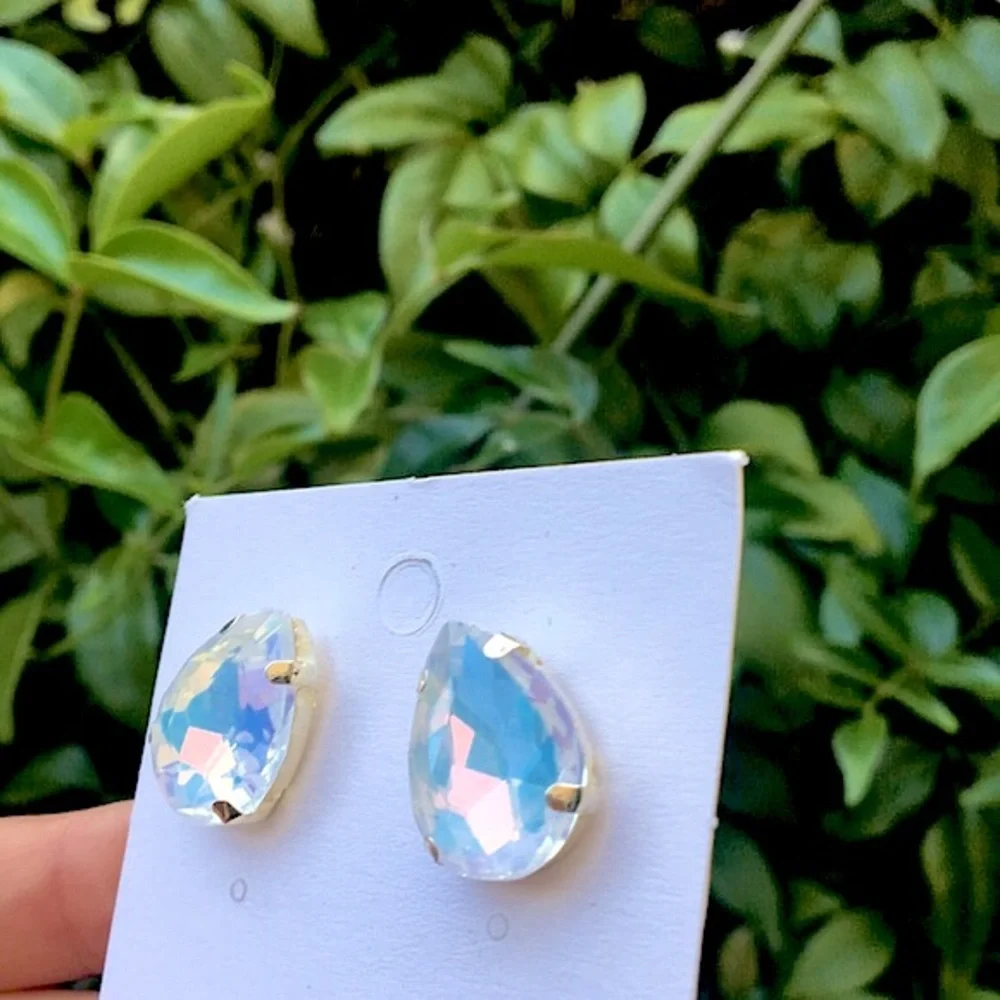 White Iridescent Opal AB Pear Crystal Earrings